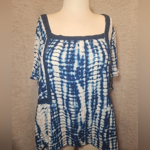 Lane Bryant 22 Square Neck Tie-dye Crochet Trim Blue White - Picture 3 of 8